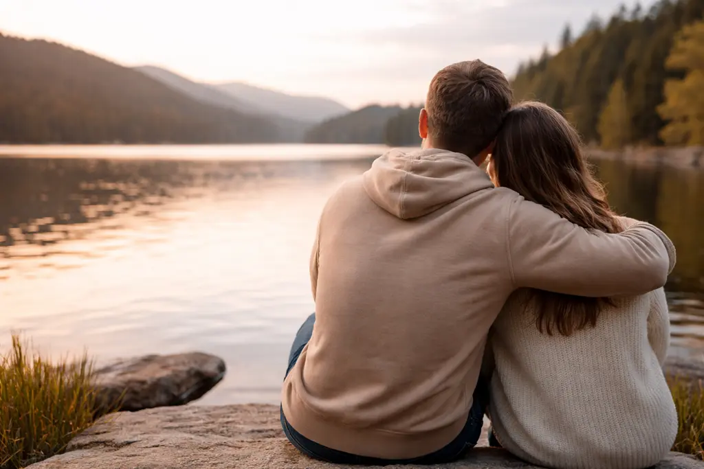Couple fostering emotional connection and mental wellness by the lake