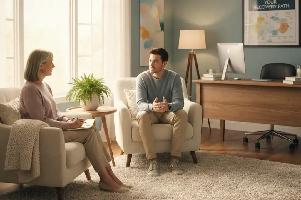 A young man sits in an armchair, engaged in a conversation with a woman who is taking notes in a professional office setting. A framed chart titled "Your Recovery Path" hangs on the wall behind them.