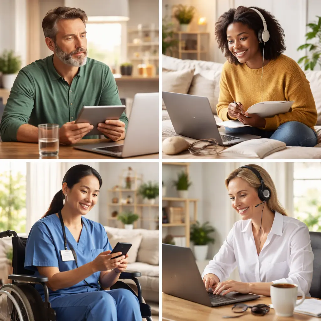 Virtual alcohol recovery program with four participants in different settings.