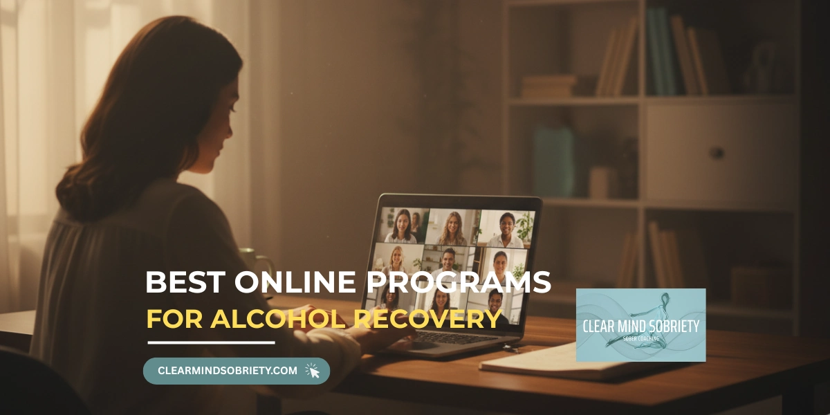 Person attending an online alcohol recovery support program on a laptop at home